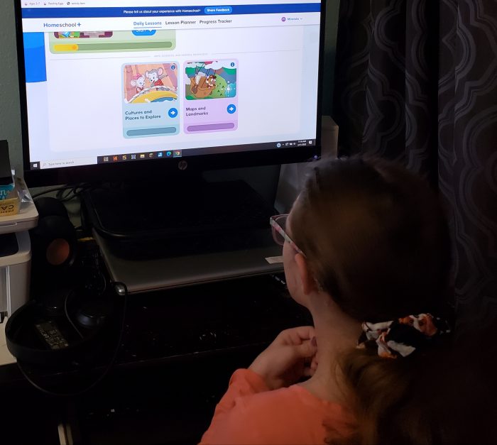 siblings busy homeschool girl using educational software on computer monitor