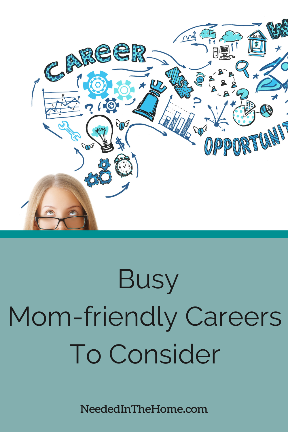 pinterest pin description busy mom friendly careers to consider woman with glasses down on nose thinking of career opportunities neededinthehome