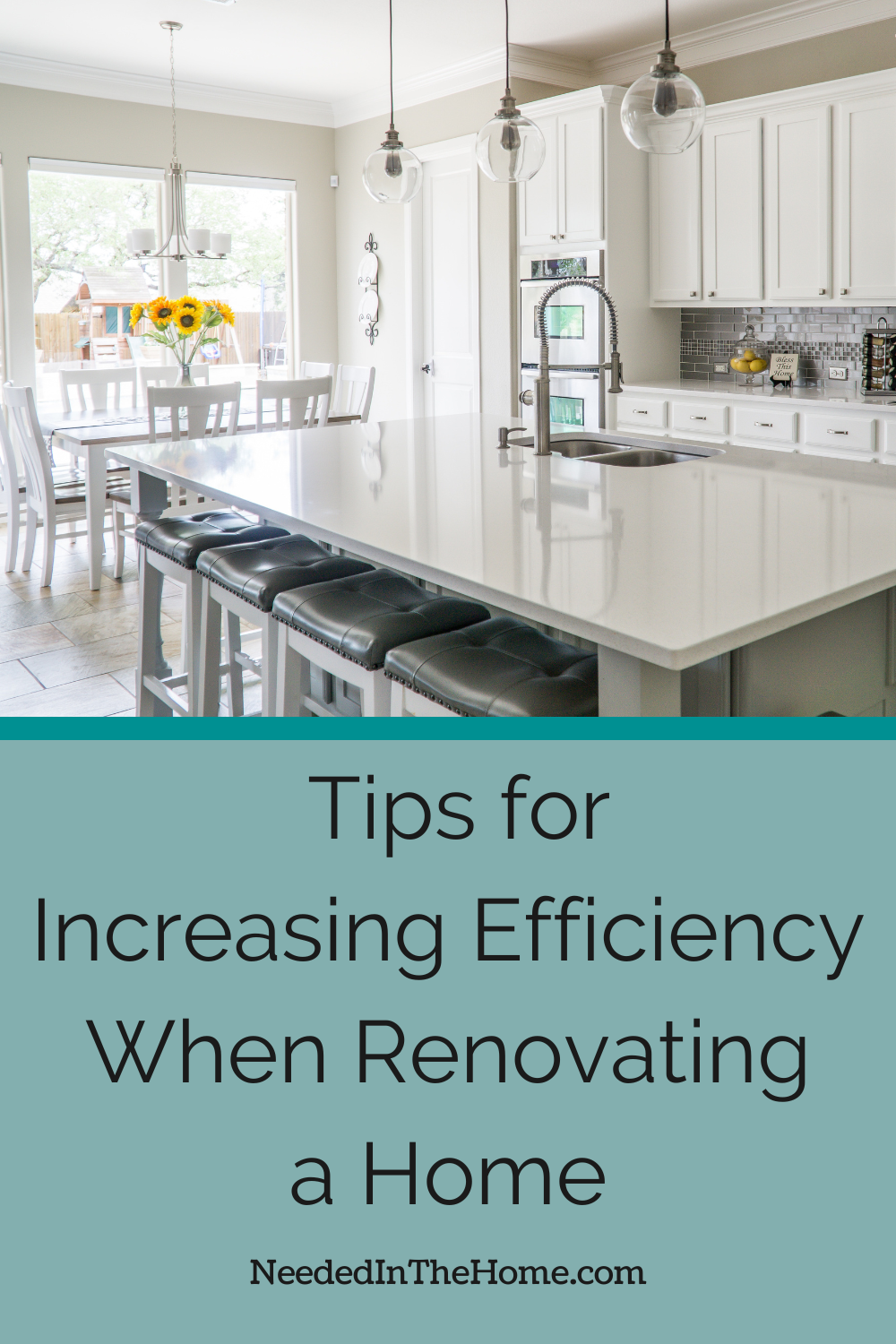 pinterest pin description tips for increasing efficiency when renovating a home eat in kitchen connected to dining room with white cupboards and counters neededinthehome