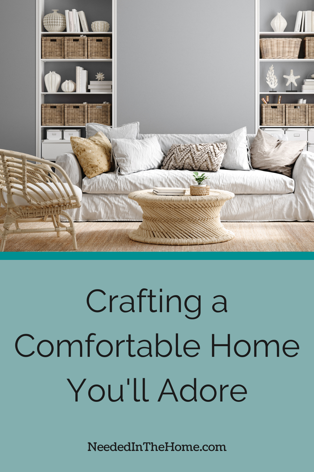 pinterest pin description crafting a comfortable home you'll adore cozy living room in neutral colors lots of pillow on couch neededinthehome