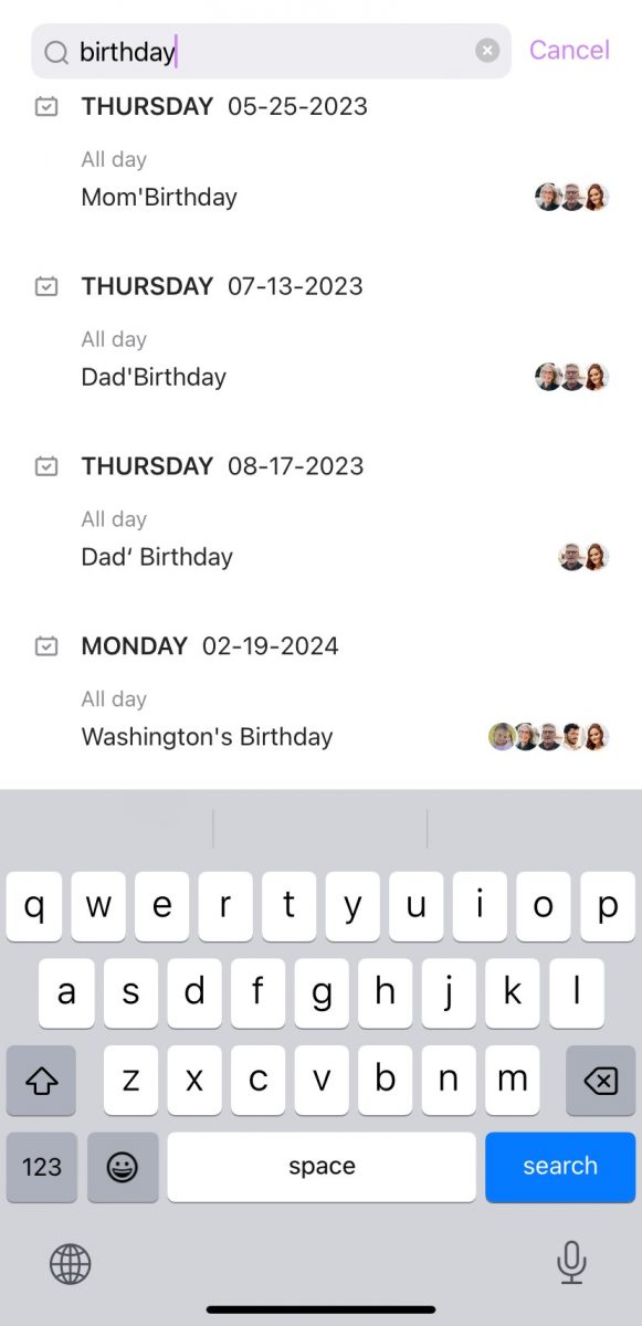 family calendar sharing cubbily app screenshot of searching for family member's birthdays
