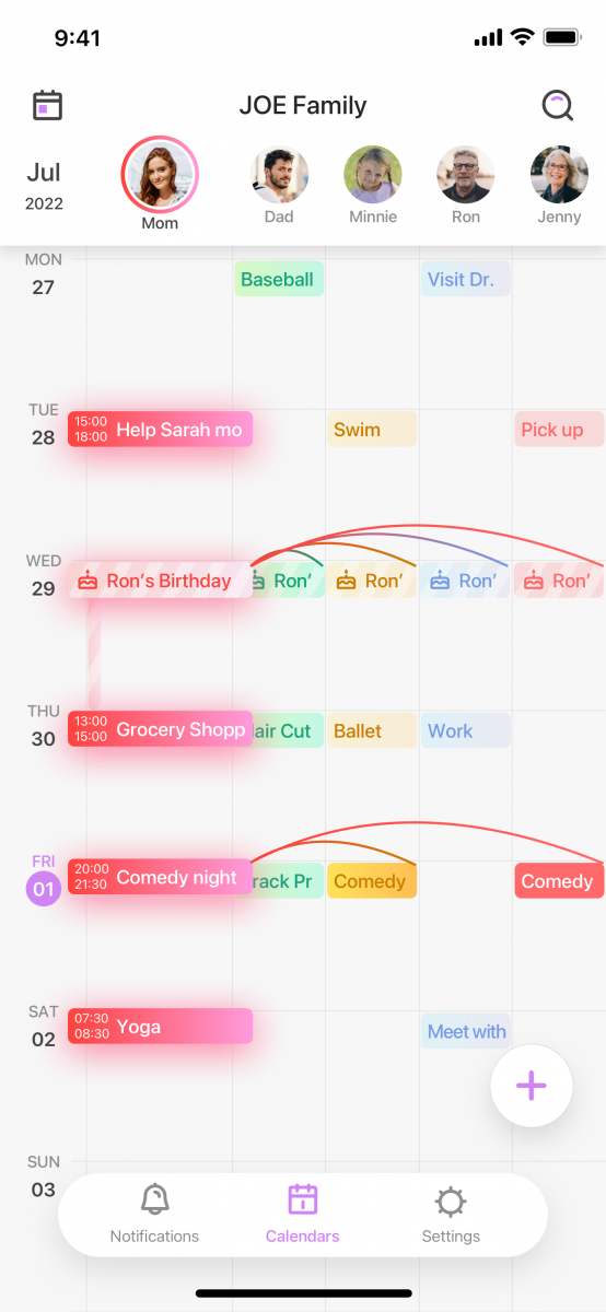 family calendar sharing cubbily app screenshot of JOE family members