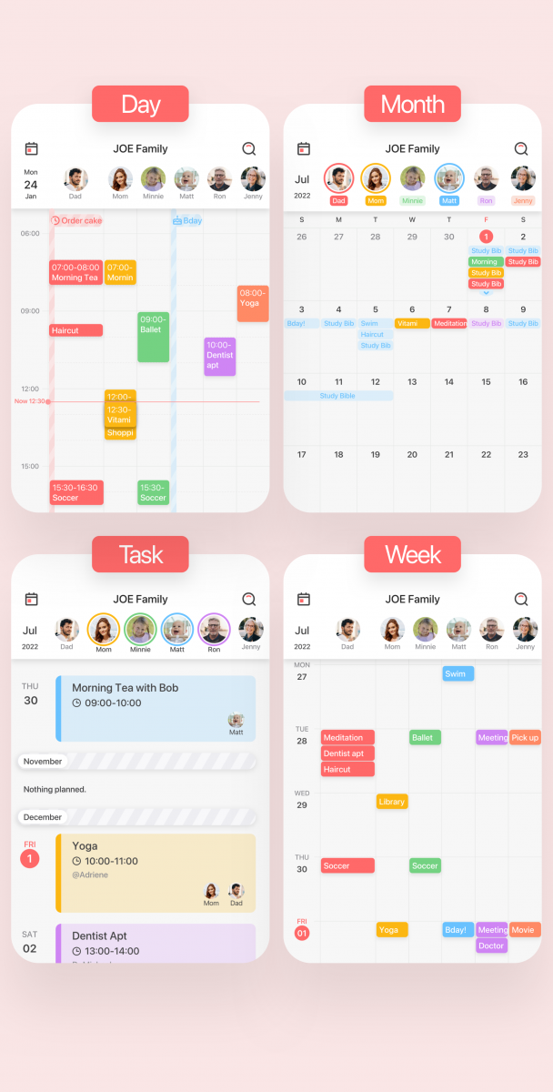 family sharing calendar app cubbily showing views in day month task and week as examples