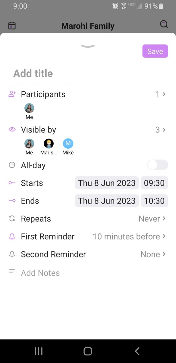family calendar sharing app add a new task page on the cubbily app