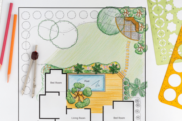 landscape design basics colored pencil drawing of planned changes to backyard with stencils and colored pencils and circle tool