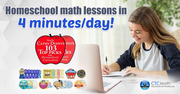 ctcmath banner homeschool math lessons in 4 minutes/day girl near laptop writing on paper