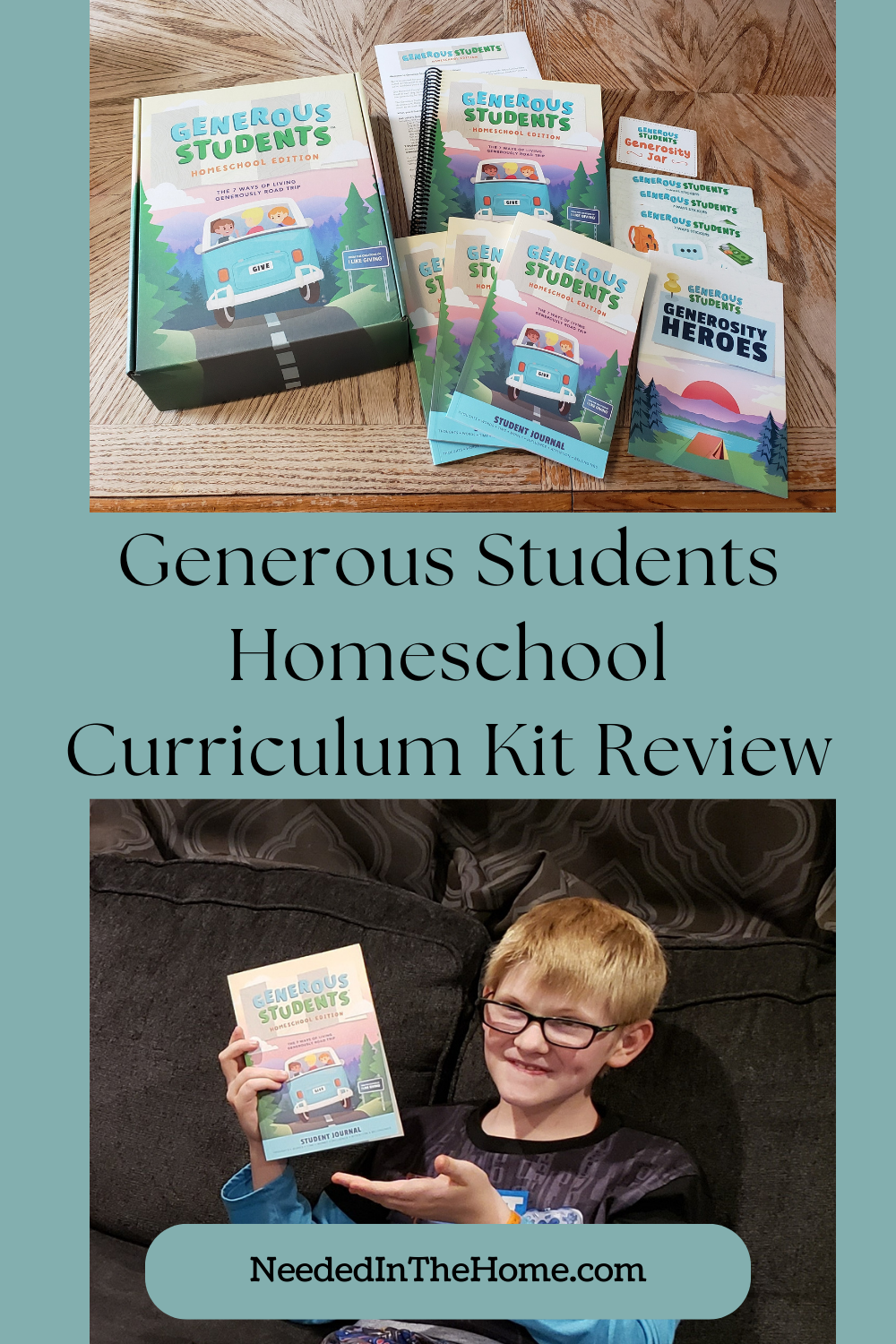 generous students homeschool curriculum kit example review boy holding and pointing to journal book neededinthehome