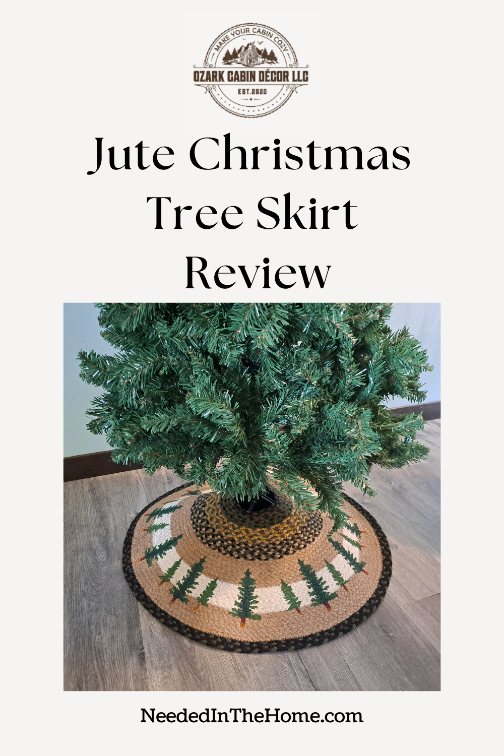 product logo jute christmas tree skirt review handpainted trees on a jute skirt under a christmas tree on a wood floor