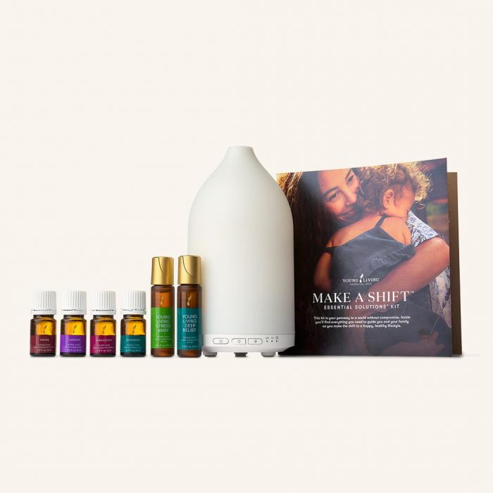 Young Living Make a Shift Essential Solutions Kit with oils diffuser and product use brochure