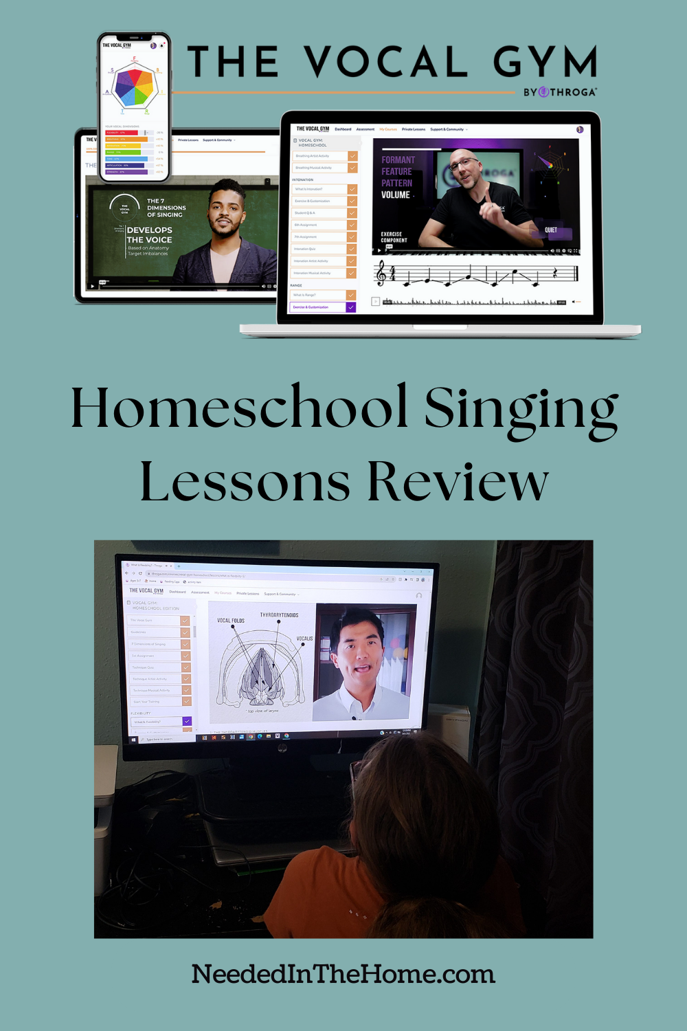 the vocal gym by throga homeschool singing lessons review mobile phone tablet laptop girl looking at monitor with instructor neededinthehome