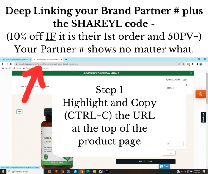 computer screen with red arrow pointing to a highlighted url example of deep linking your brand partner number plus the shareyl code