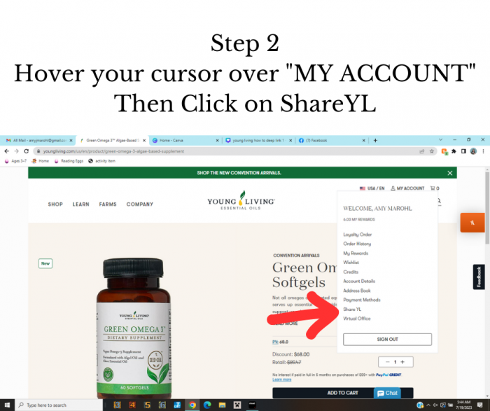 example of how to deep link the code hover your cursor over myaccount then click on shareyl