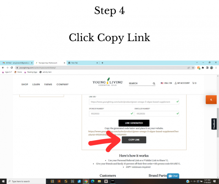 example of how to deep link the shareyl code with young living step 4 click copy link