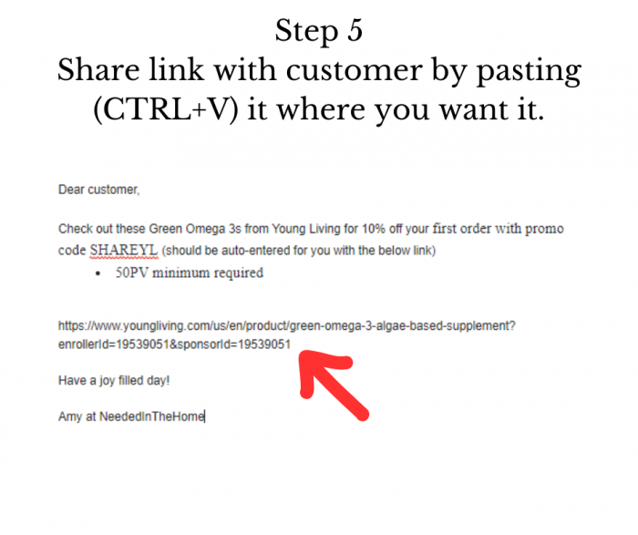 example of how to deep link with Young Living shareyl code step 5 share link with customer by pasting it where you want it