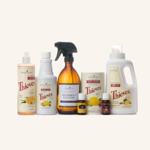 young living make a shift happy healthy home kit with thieves and lemon essential oils plus cleaning products and spray bottle