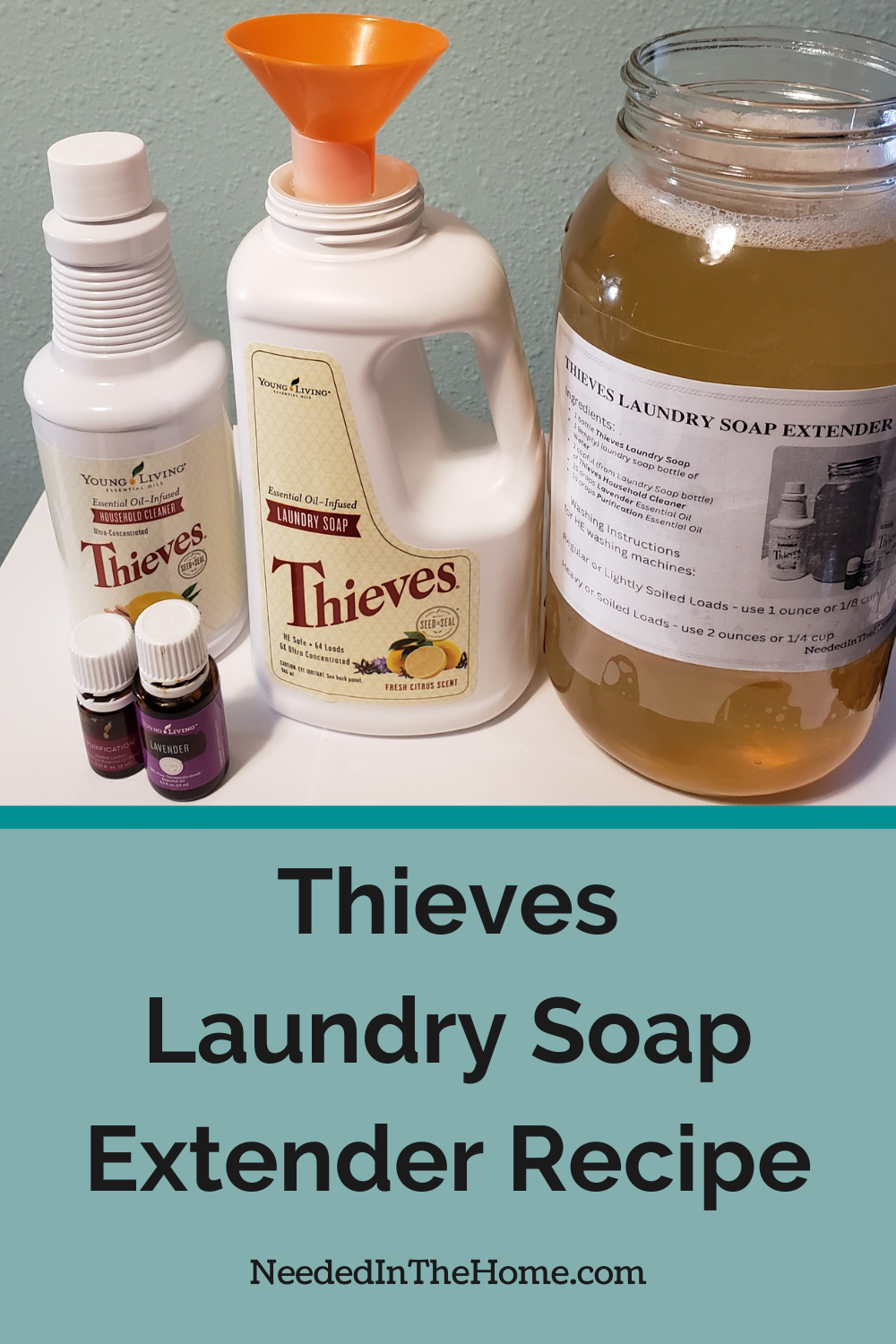 thieves laundry soap extender recipe young living ingredients cleaner laundry detergent jar of amber liquid two bottle essential oils lavender purification neededinthehome