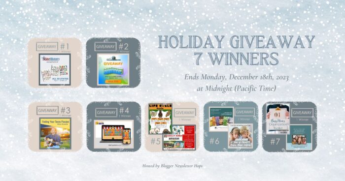 holiday giveaway 7 winners ends monday december 18th 2023 at midnight pacific time hosted by blogger newsletter hops