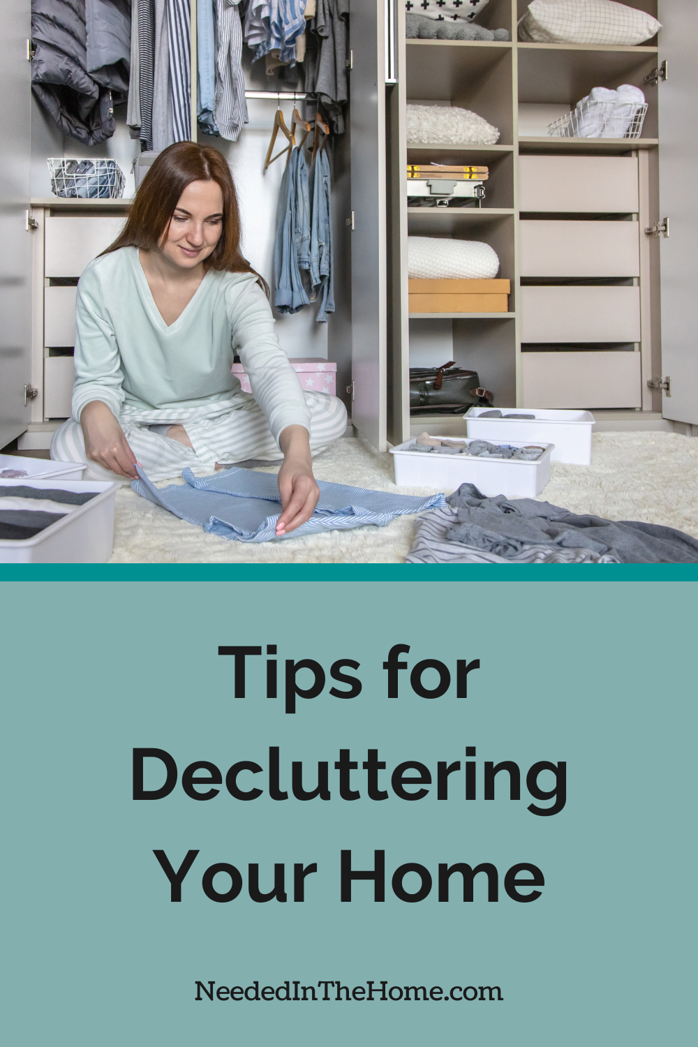 smiling woman folding clothes on floor near her open closet to give example of organizing tips for decluttering your home neededinthehome