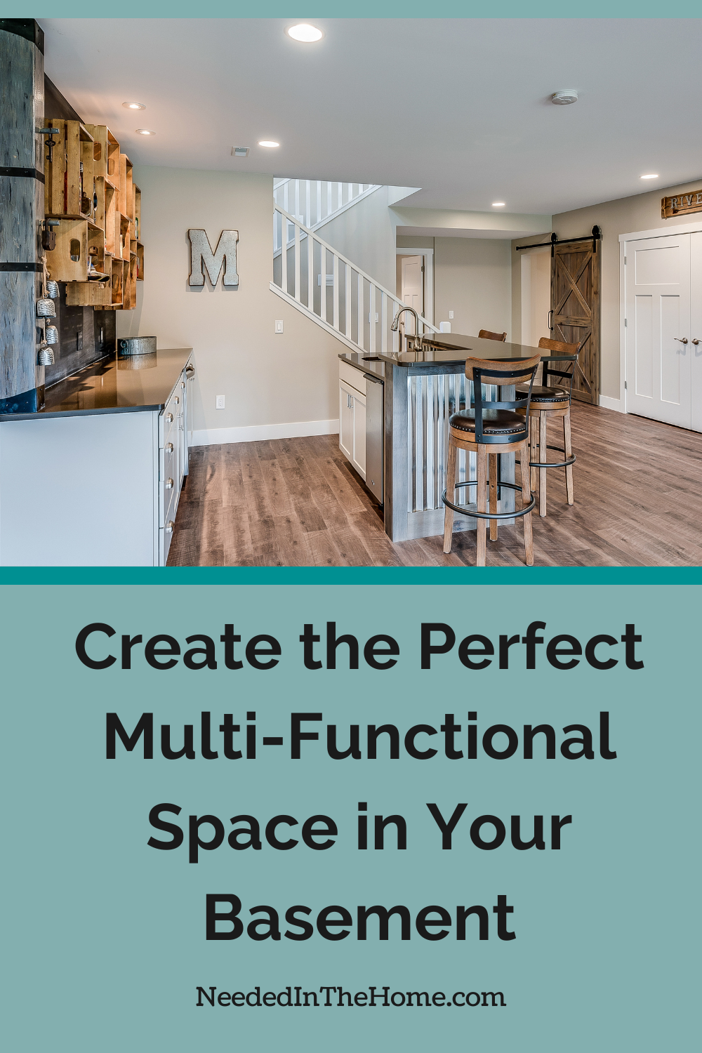 basement family room with wood floors counter bar sink cupboards storage closet sliding barn door create the perfect multi functional space in your basement neededinthehome