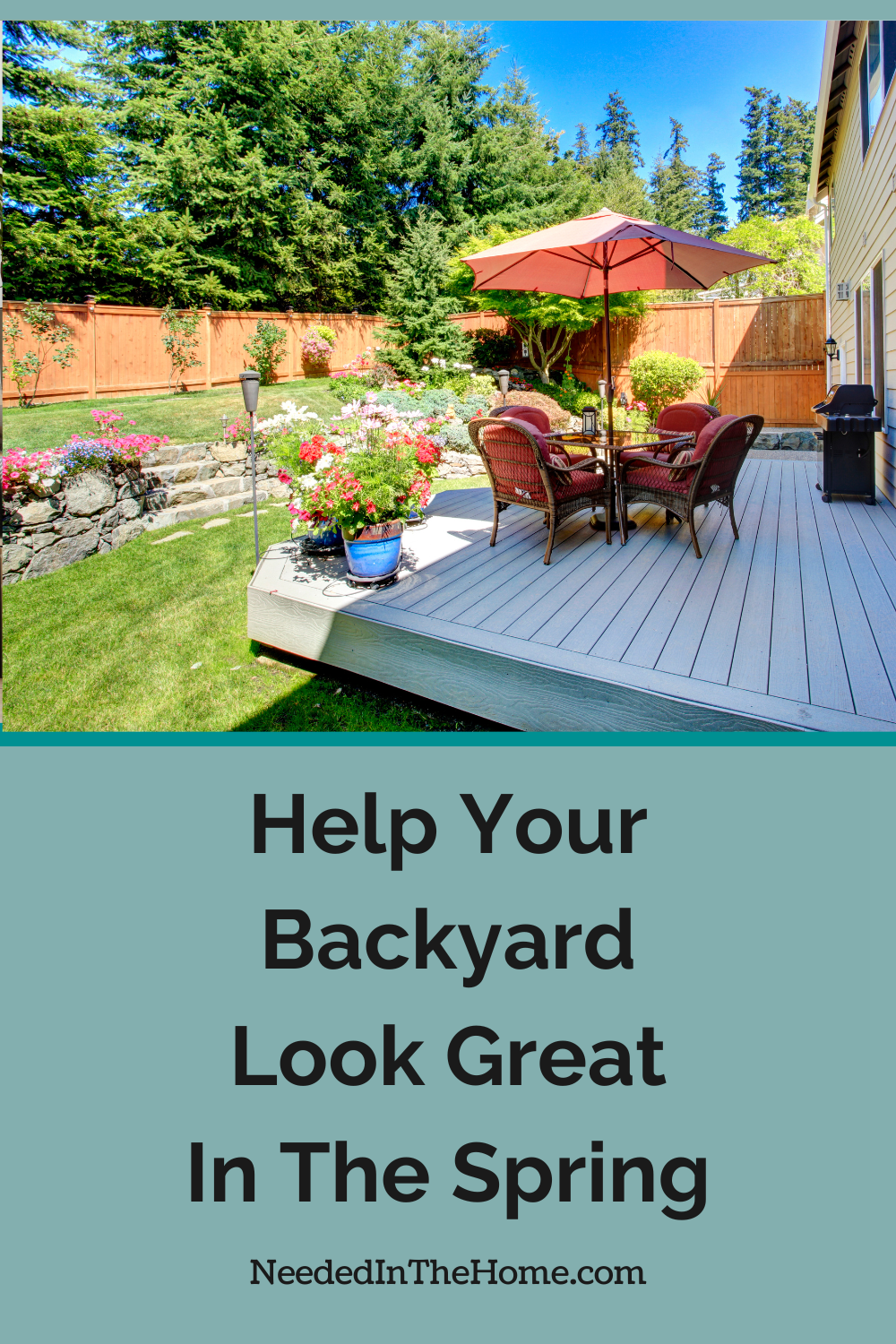 backyard patio potted plants lawn deck chairs table umbrella grill help your backyard look great in the spring neededinthehome