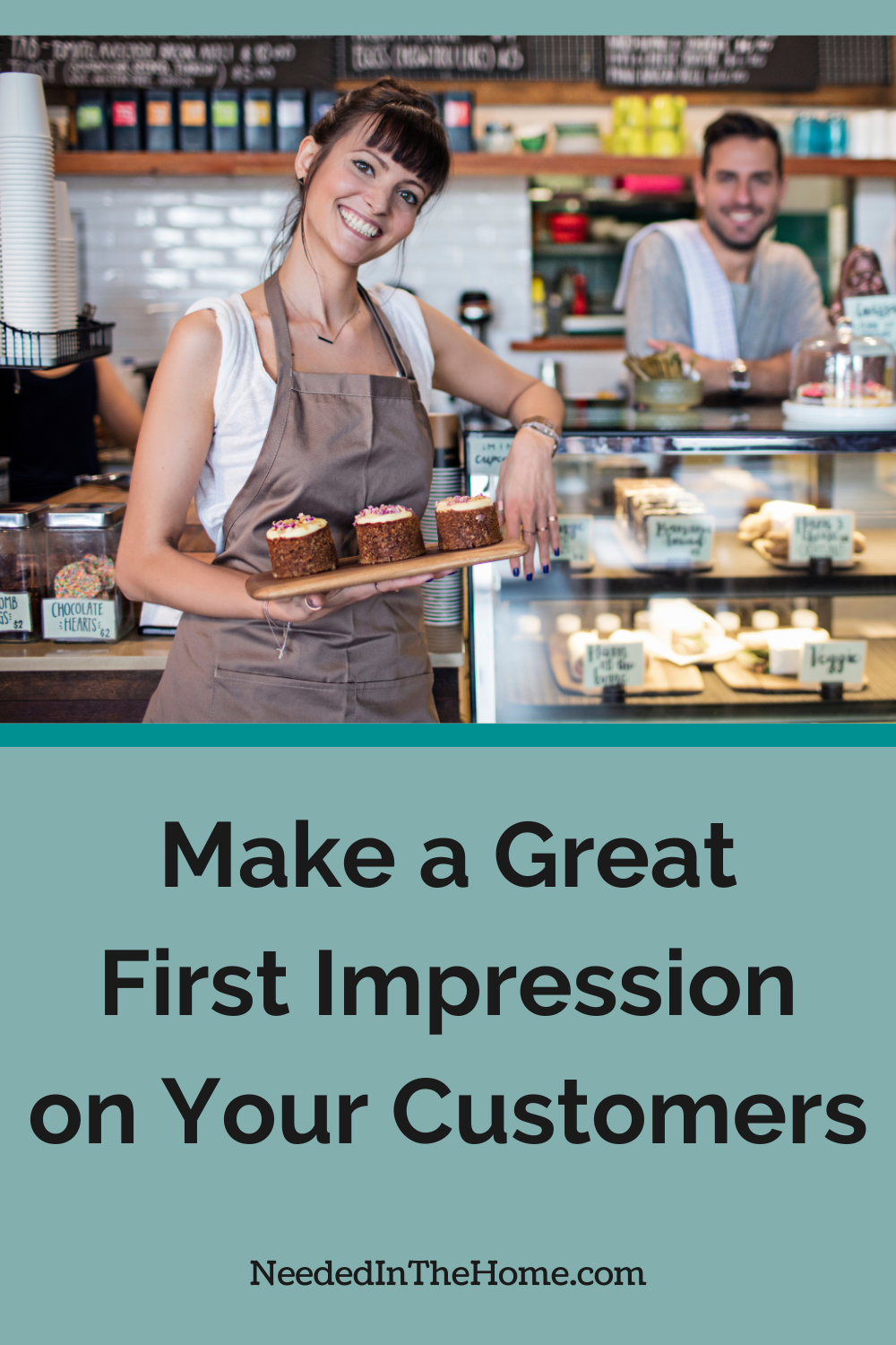 bakery workers smiling with pastries as a customer comes in make a great first impression on your customers neededinthehome