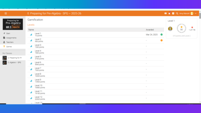 screenshot of games screen in mr d math