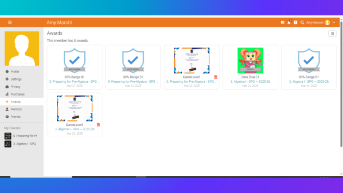 screenshot of awards screen in mr d math