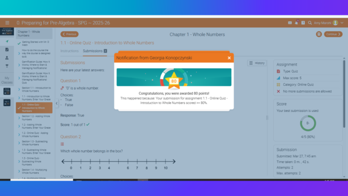 screenshot of star on math screen saying congratulations