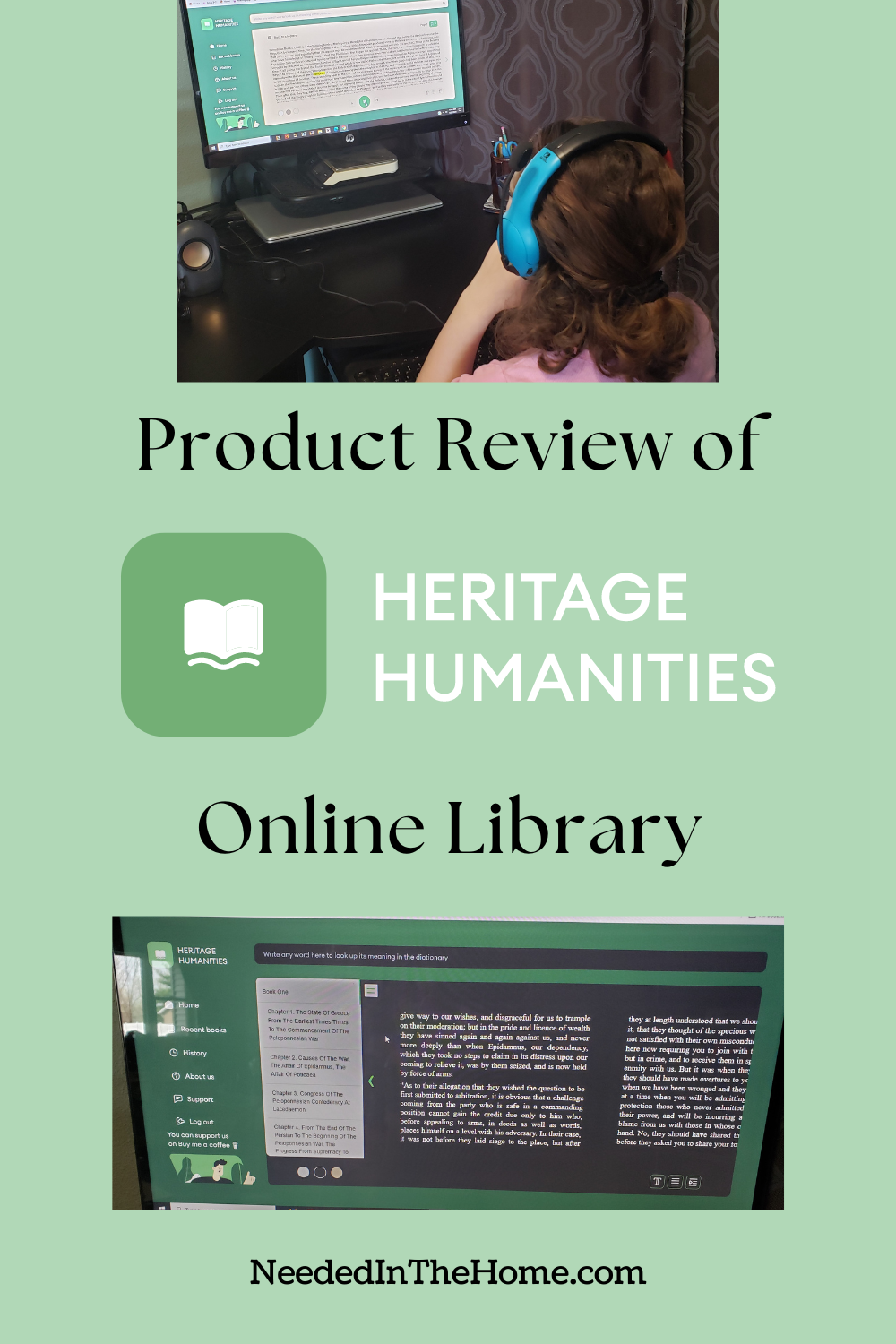 teen girl with headphones listening to audiobook online product review of heritage humanities online library screen image of book page with black background and white lettering neededinthehome