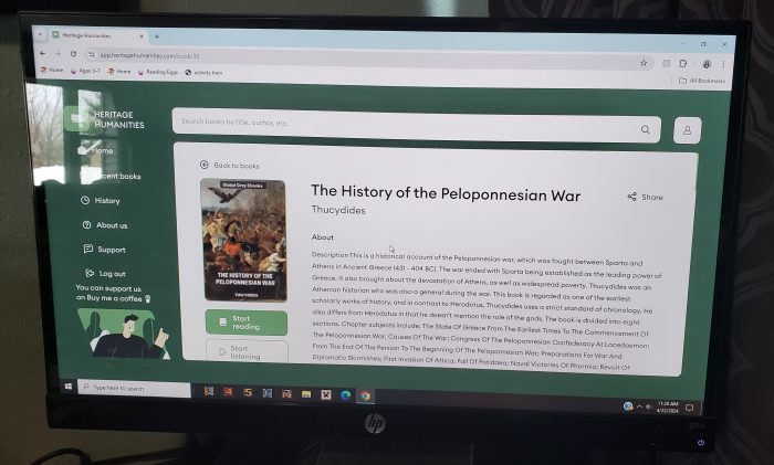 screen image of heritage humanities website with book choice of the history of the peloponnesian war with button start reading highlighted