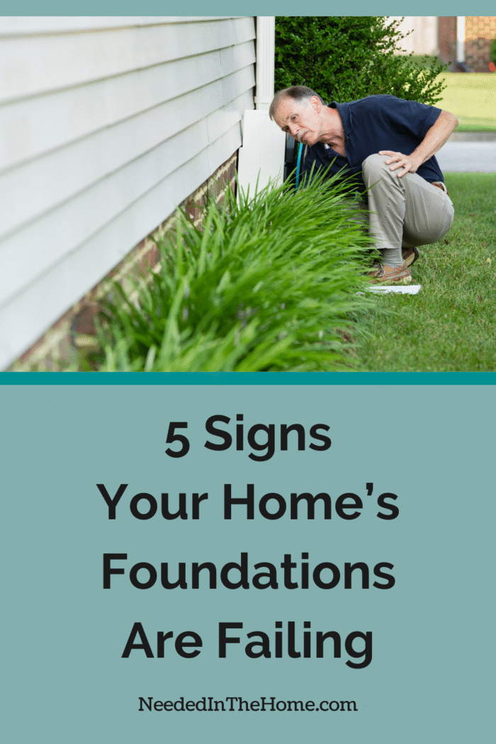 crouched man looking at outside foundation of home 5 signs your homes foundations are failing neededinthehome