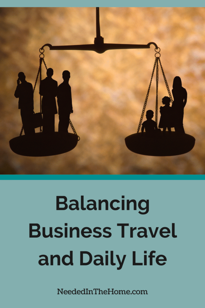 silhouette scale balancing three business people on one side and mom and kids on other side balancing business travel and daily life neededinthehome