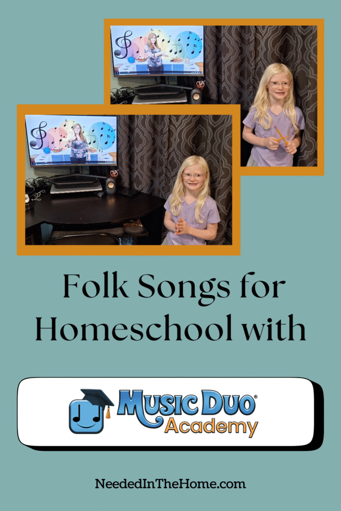gold framed photos of girl standing next to computer monitor holding pencils or clapping hands with a music teacher on the tv screens folk songs for homeschool with music duo academy neededinthehome