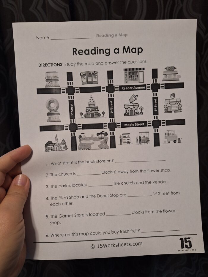 geography worksheet on the topic of reading a map printed in black and white ink 