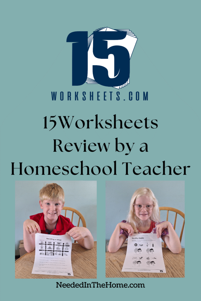 15worksheets review by a homeschool teacher boy and girl smiling while holding their completed homework worksheet pages neededinthehome