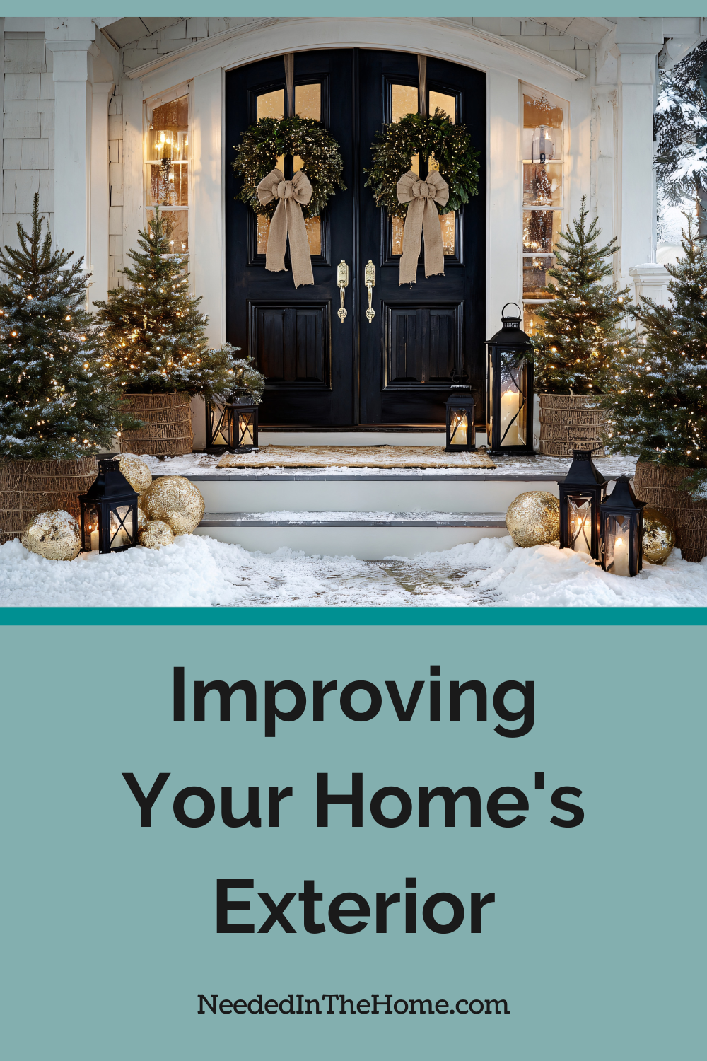 Improving your home's exterior will impress anyone who is coming round, and give you a big welcome when you come home. front exterior of home with wreaths bows lanterns lighted pine trees ornaments and snow on stairs to front entryway improving your homes front exterior neededinthehome