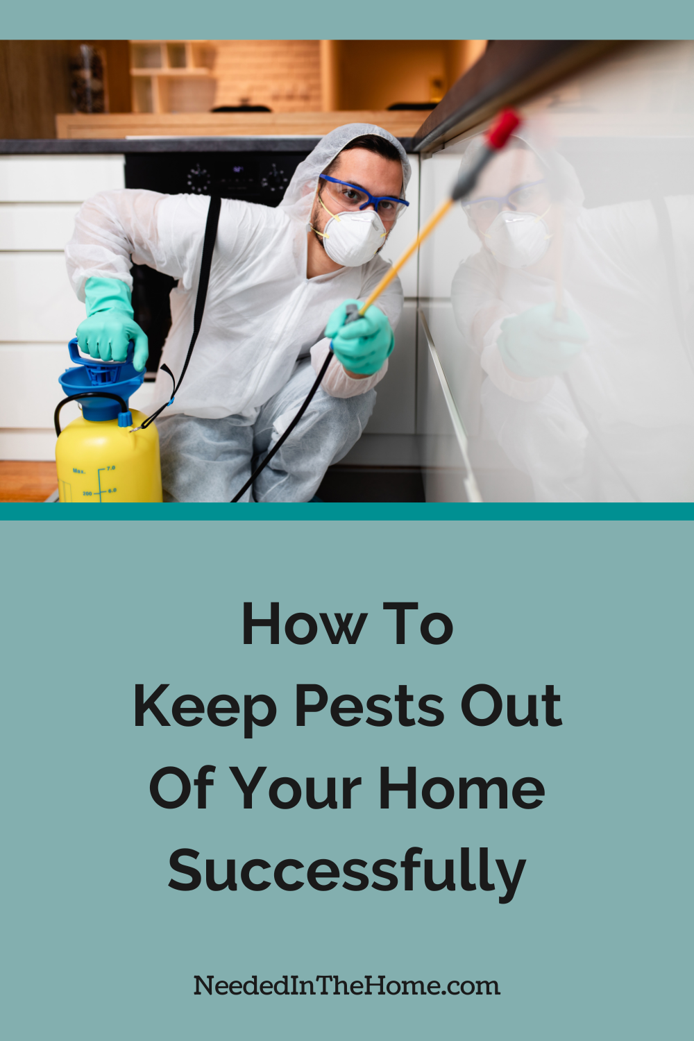 man spraying pesticide in a home kitchen how to keep pests out of your home successfully neededinthehome