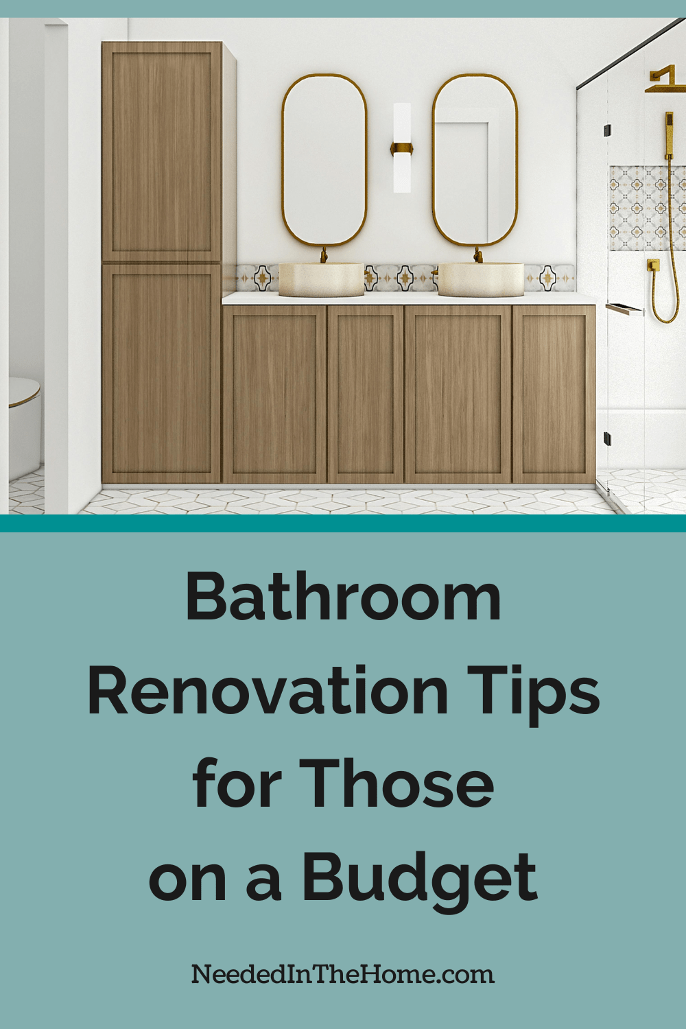 storage cupboards in a bathroom with double sinks and oval mirrors next to stand up shower bathroom renovation tips for those on a budget neededinthehome