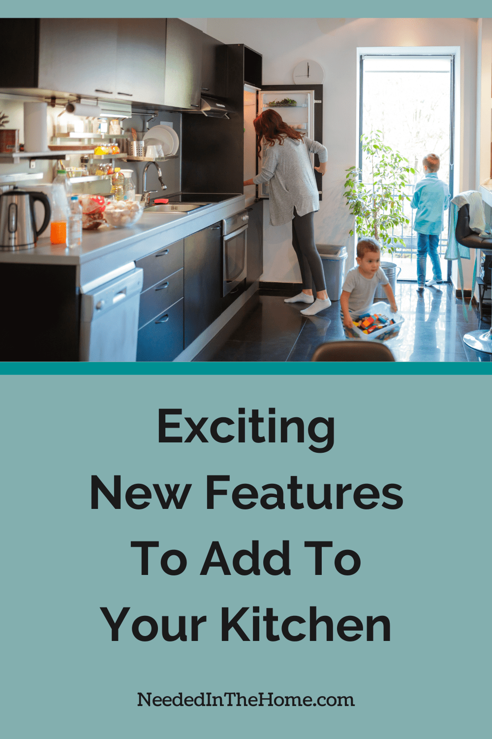 mother and children in kitchen with refrigerator dishwasher oven electric coffee pot exciting new features to add to kitchen neededinthehome