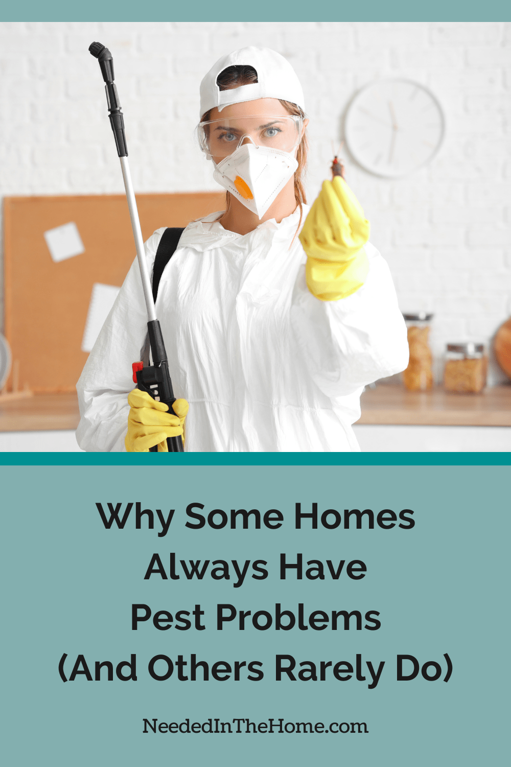 pest control worker woman in full uniform holding a cockroach with a rubber gloved hand why some homes