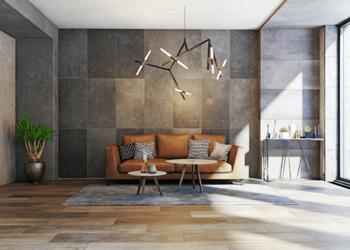 modern living room with geometric angled lighting