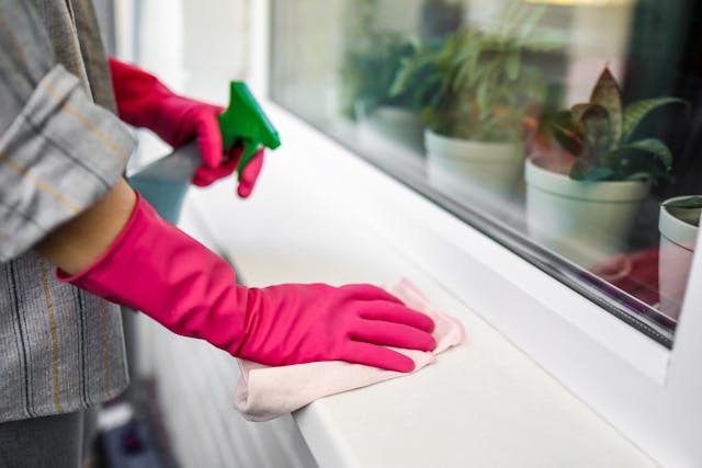 woman with red rubber gloves cleaning her window base