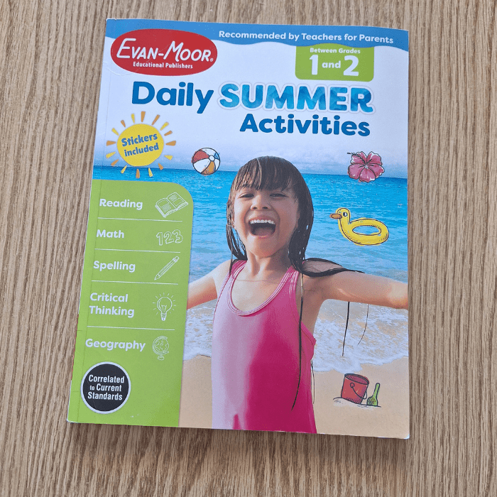 evan moor daily summer activities grade 1 grade 2 workbook with reading math spelling critical thinking geography girl in swimsuit on cover
