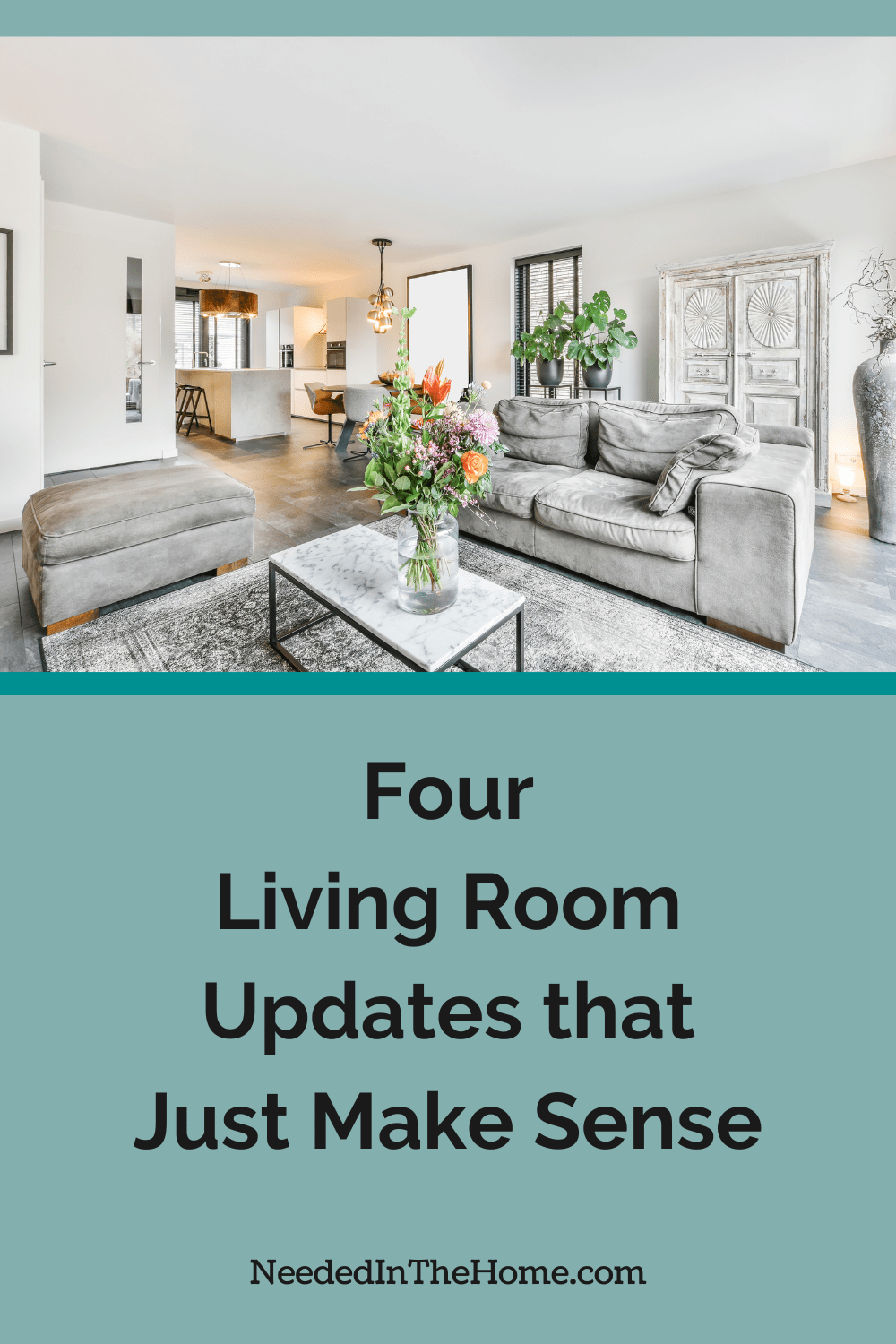 Some living room updates just make sense and can turn a space from boring to something amazing without breaking the bank. couch ottoman coffee table fresh flowers texture carpet large potted plants and armoire four living room updates that just make sense neededinthehoem