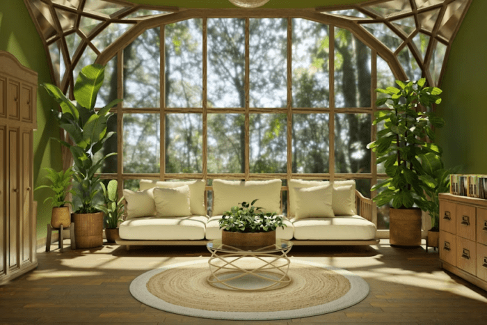 large four season room sunroom orangery with large plants outdoor furniture and circle rug