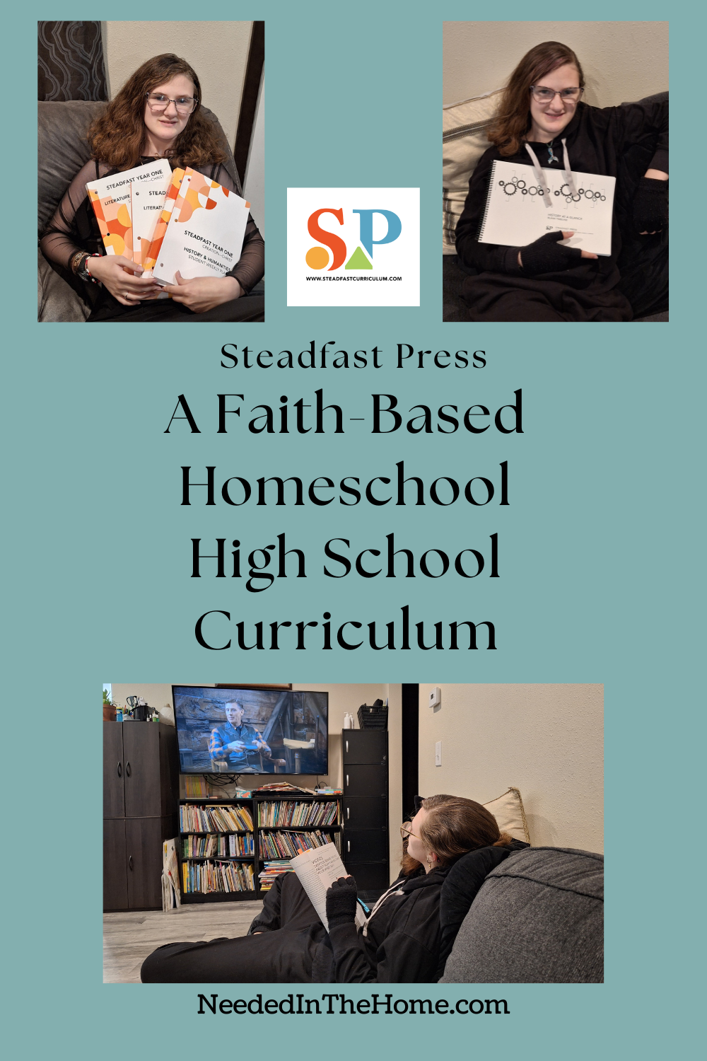 teen girl wearing glasses holding books reclining watching tv monitor steadfast press a faith based homeschool  high school curriculum neededinthehome