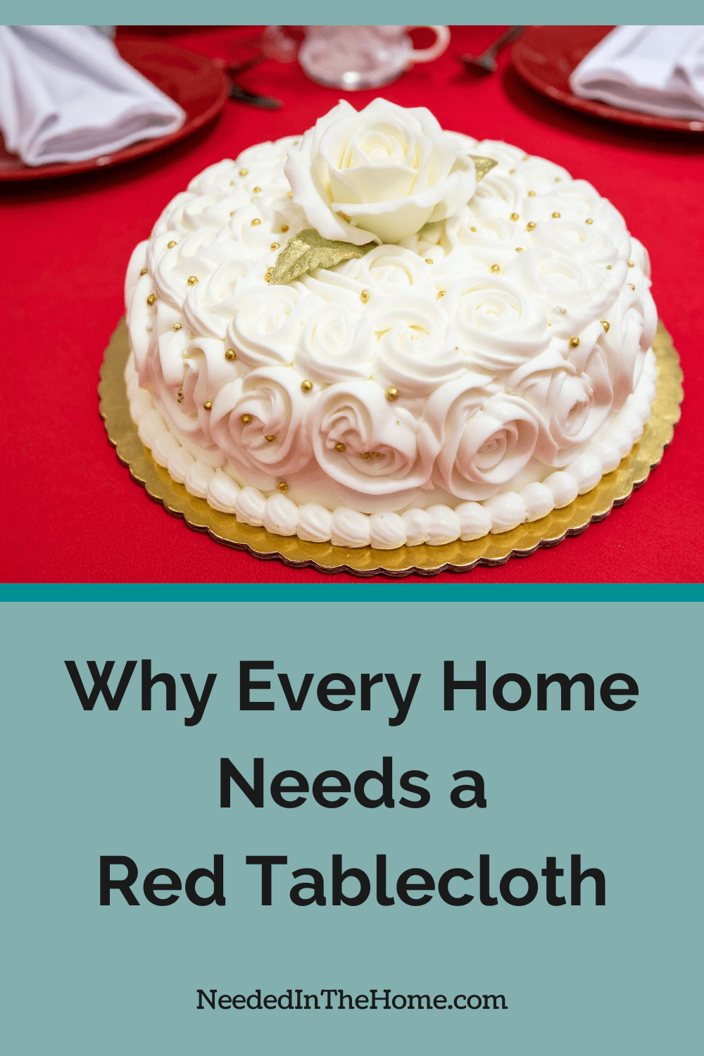 table setting for two with a lovely white cake on a red tablecloth why every home needs a red tablecloths neededinthehome