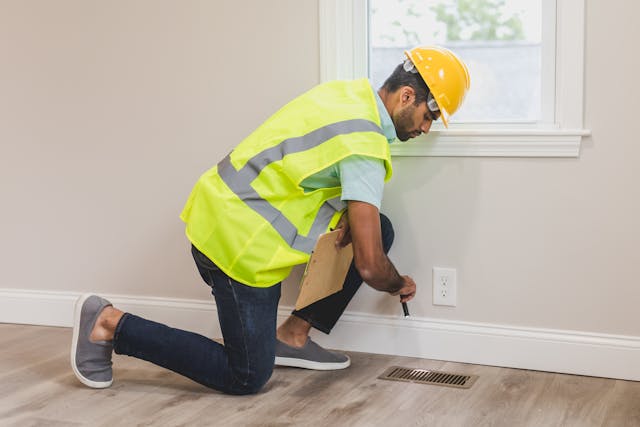 man is checking furnace vent with a flashlight and clipboard