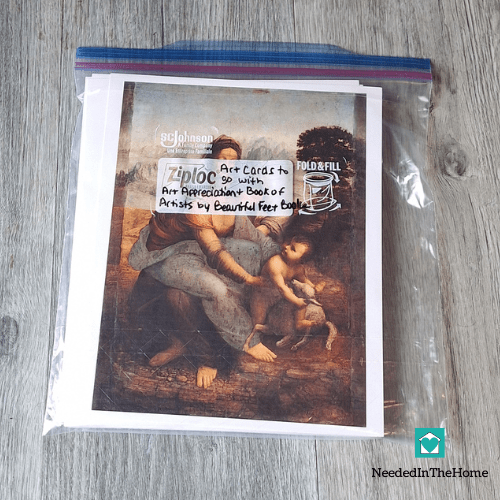 art cards stored in a gallon size plastic freezer baggie