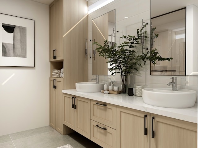 bathroom counter with double sinks and mirrors new cabinets